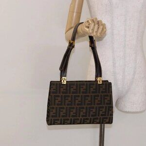FENDI Zucca Canvas Hand Bag Black Brown Auth 138624